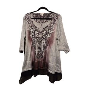 World Unity Asymmetrical Tunic Top Women 1X Grey Brown Boho Hippie Peasant Flowy
